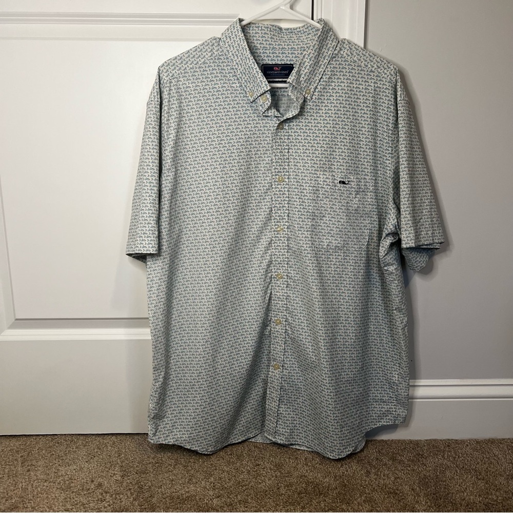 Vineyard Vines Performance Shirt Mens‎ XL Blue Geometric All Over Print Fish